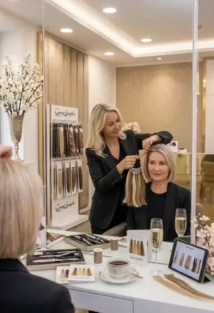 Friseurin berät Kundin zu Haarverlängerung mit Extensions im Salonspiegel.