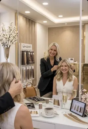 Stylistin berät Kundin zu Haarverlängerung im Salon, Farbmuster am Tisch