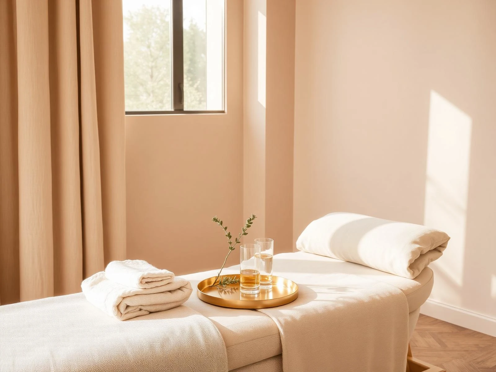 Helle Spa-Massageliege mit Handtüchern und Tablett im Wellnessraum am Fenster